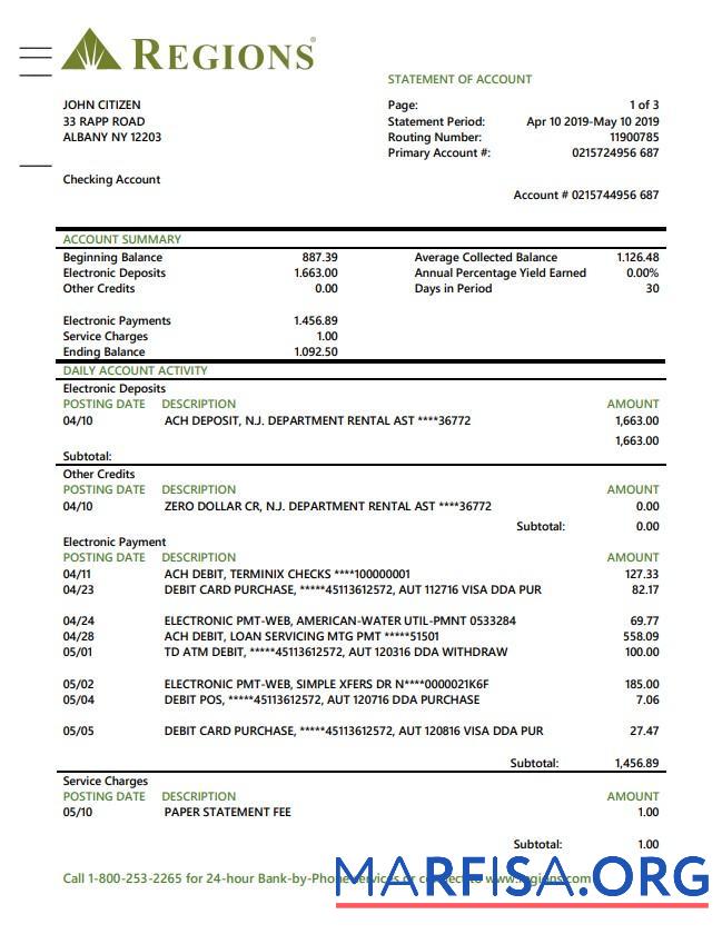 Printable USA Regions bank proof of address statement word sample